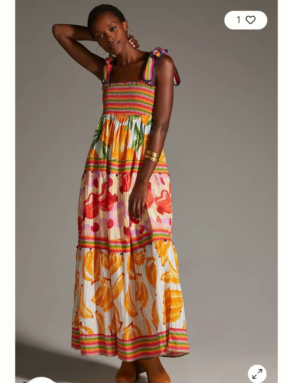 FARM Rio Multicolor Smocked Maxi Dress with Orange & Pink Prints